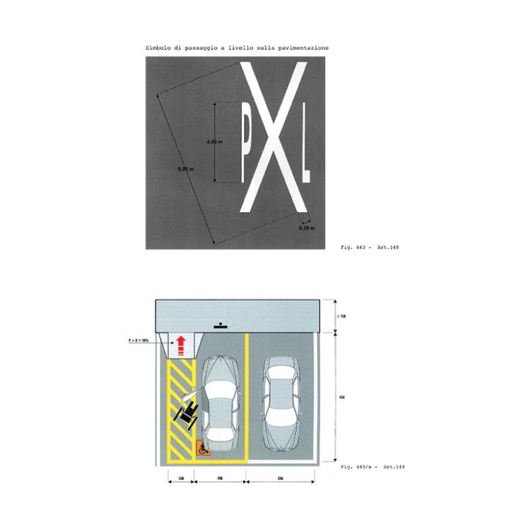 Simbolo di passaggio a livello/ delimitazione degli stalli di sosta riservata agli invalidi
